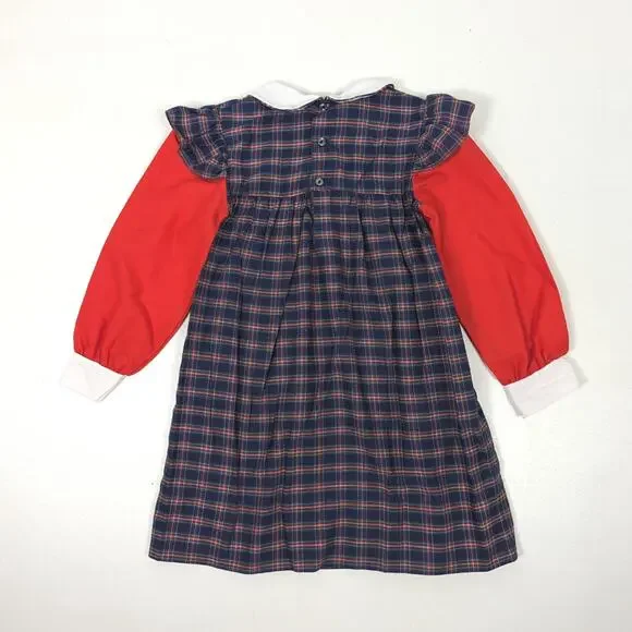 Vintage Princess Anne Dress Girls Size 4T Navy Plaid Smocked School - Picture 3 of 8